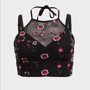 Torrid NWT Black Floral Embroidered Mesh Swim Top
